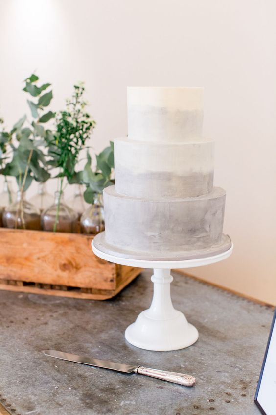 an ombre light grey wedding cake is a stylish and ethereal idea, it looks delicate and cool