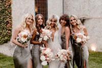 beautiful maxi grey slip bridesmaid dresses with thigh high slits are great for a boho wedding, they look chic