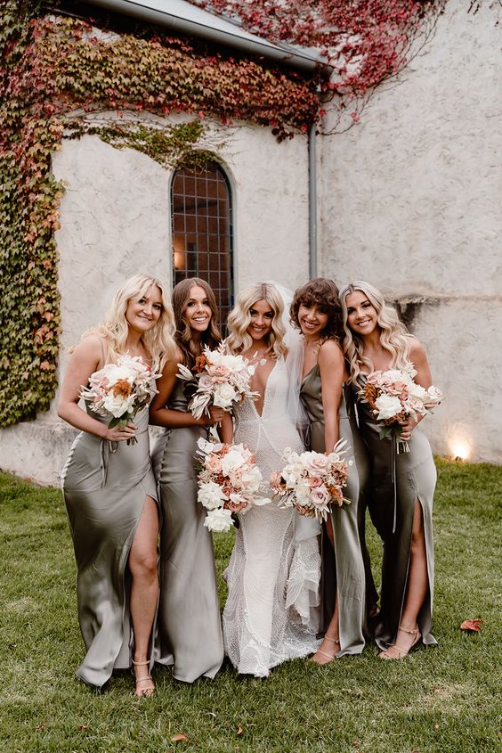 beautiful maxi grey slip bridesmaid dresses with thigh high slits are great for a boho wedding, they look chic