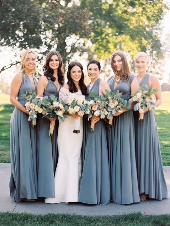 beautiful slate grey maxi bridesmaid dresses with draped bodices, thick straps and pleated skirts