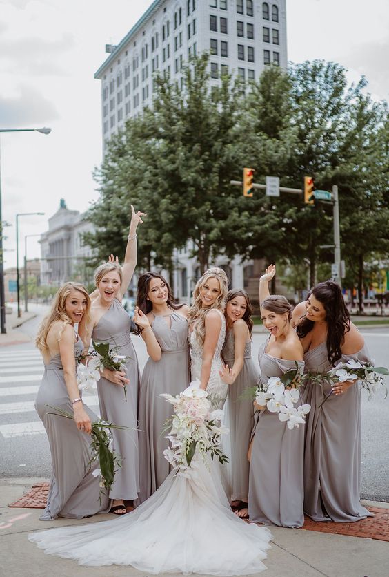 chic mismatching dove grey maxi bridesmaid dresses with mismatching necklines for a spring wedding
