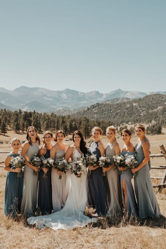 elegant grey mix and matching maxi bridesmaid dresses for a fall boho wedding, they look chic and cool