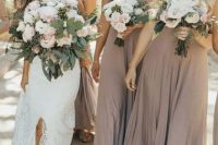 greige draped one shoulder maxi bridesmaid dresses are amazing for a spring or summer wedding