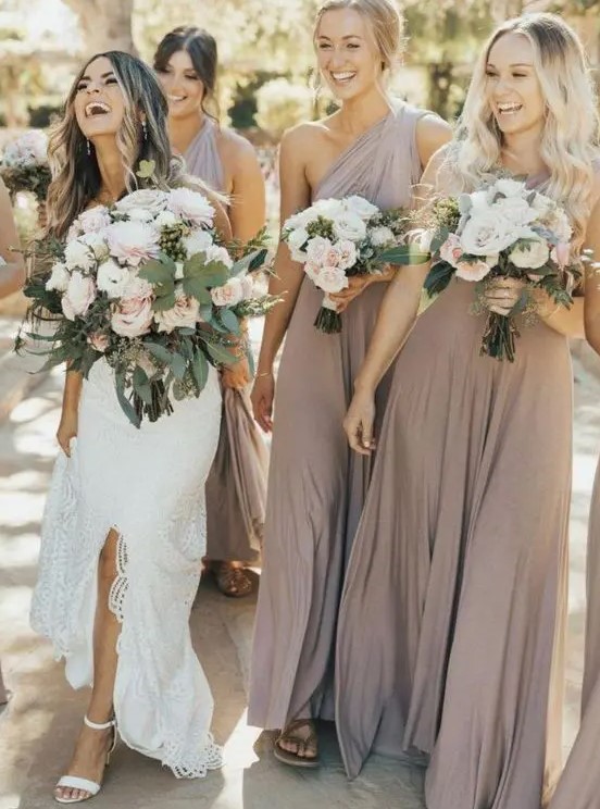 greige draped one shoulder maxi bridesmaid dresses are amazing for a spring or summer wedding
