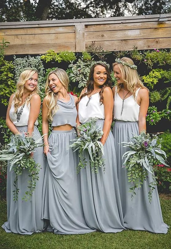 grey chiffon maxi skirts and white tops, a grey crop top for the maid of honor for a spring or summer boho wedding