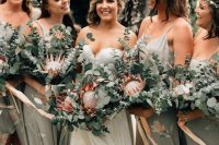 grey maxi bridesmaid dresses with spaghetti straps and pink floral prints plus side slits
