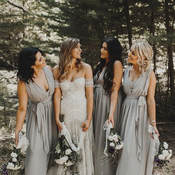 light grey boho maxi bridesmaid dresses with covered deep necklines, draperies and no sleeves are amazing for summer