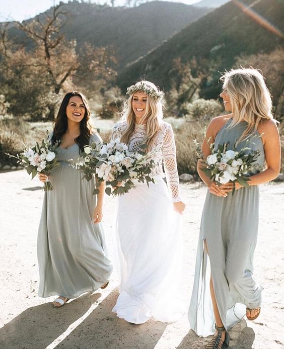 light grey maxi bridesmaid dresses with a halter neckline and a deep V one are amazing for a summer wedding