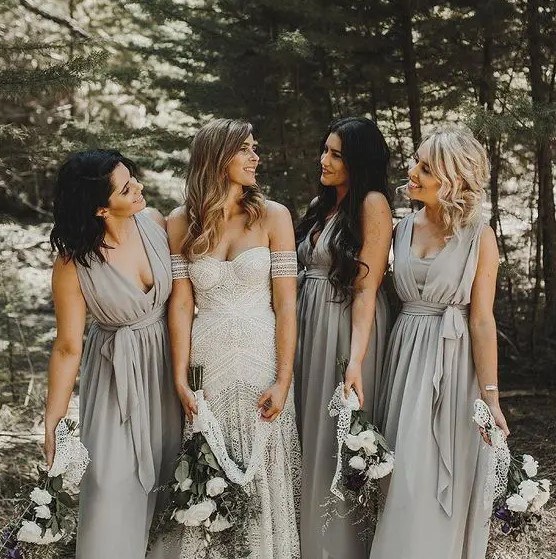 matching and sexy sleeveless dove grey bridesmaid dresses with sashes for a grey boho wedding