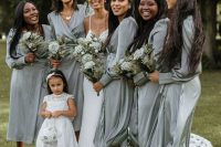matching grey midi bridesmaid wrap dresses, white and silver shoes are great for a spring or summer wedding
