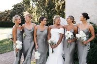 matching grey slip midi bridesmaid dresses with sashes and silver strappy shoes for a spring or summer wedding