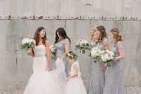maxi grey embellished bridesmaid dresses with short sleeves and trains are adorable, they are perfect for a glam wedding