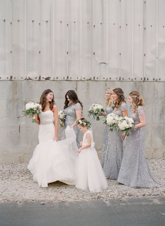 maxi grey embellished bridesmaid dresses with short sleeves and trains are adorable, they are perfect for a glam wedding
