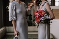 mismatching dove grey maxi bridesmaid dresses with and without sleeves is a cool idea for the fall or spring