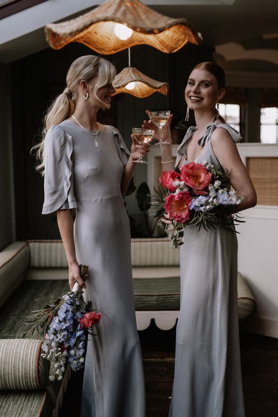 mismatching dove grey maxi bridesmaid dresses with and without sleeves is a cool idea for the fall or spring