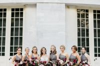 mismatching graphite grey maxi bridesmaid dresses with pleated skirts are chic and elegant, great for a fall wedding