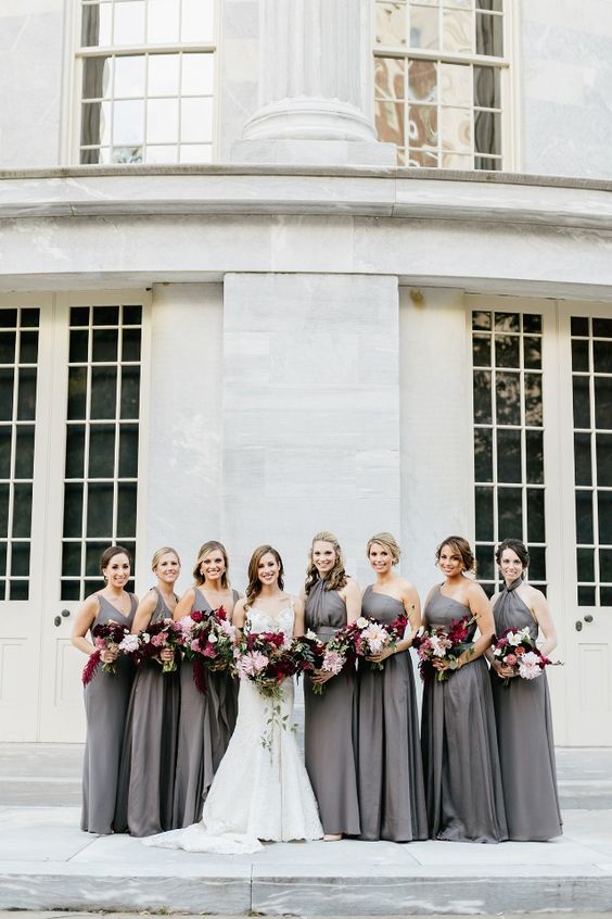 mismatching graphite grey maxi bridesmaid dresses with pleated skirts are chic and elegant, great for a fall wedding