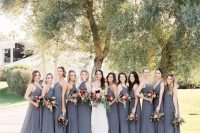 mismatching graphite grey maxi bridesmaid dresses with various necklines are great for the fall and fall color schemes