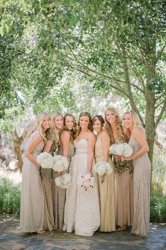 mismatching greige maxi bridesmaid dresses, with draperies, embellishments and other types of detailing are a chic solution