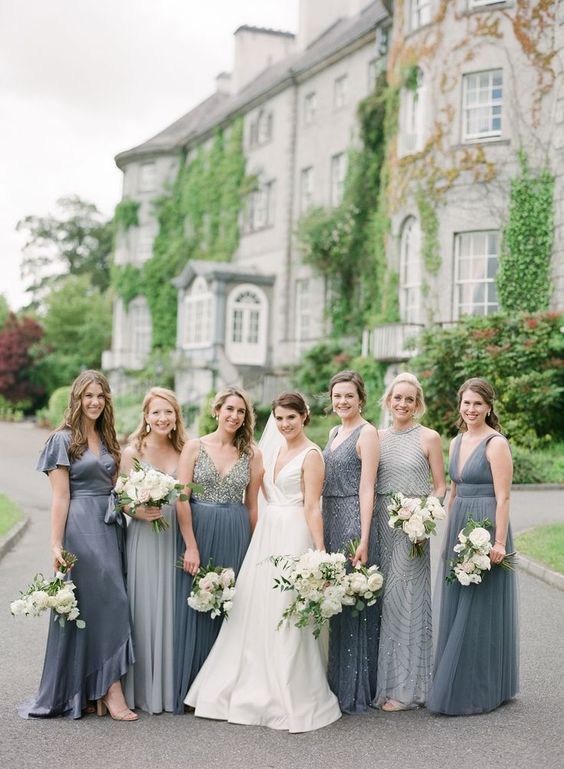 mismatching grey embellished bridesmaid maxi dresses for an elegant and sophisticated wedding in spring or summer