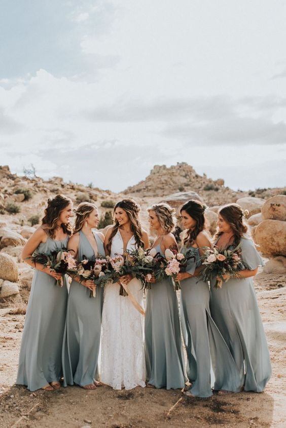 mismatching grey maxi bridesmaid dresses look flowy and are comfortable in wearing, they are great for a boho wedding