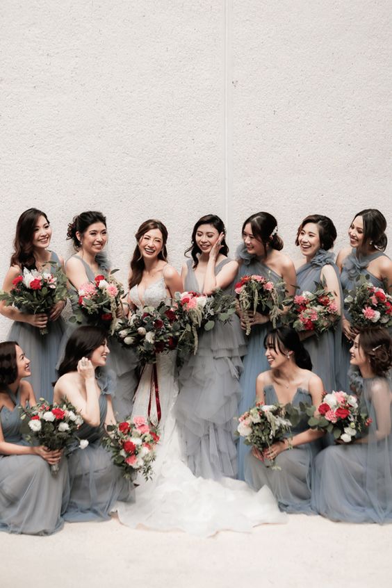 mismatching grey maxi bridesmaid dresses with ruffles are fantastic, they can work for summer or fall weddings