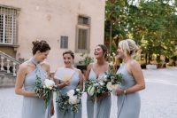 mismatching grey midi bridesmaid dresses, silver heels for a cool and chic spring or summer wedding