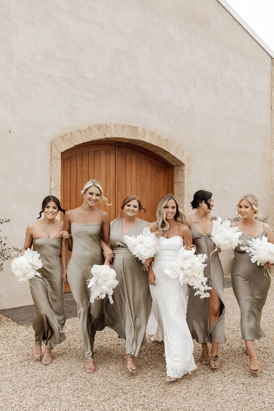 mismatching grey silk maxi and midi bridesmaid dresses are perfect for spring or summer weddings