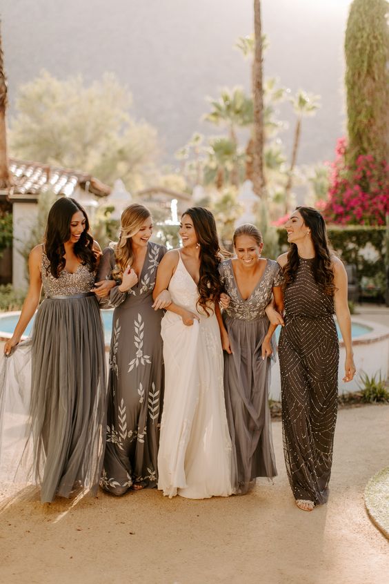 mismatching grey, silver and black bridesmaid dresses with lace appliques, embellishments and various necklines are wow