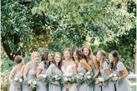 mismatching maxi bridesmaid dresses with pleated skirts and straps, ruffles for a spring or summer wedding