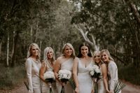 mismatching pearl grey maxi and midi bridesmaid dresses with various necklines are amazing for a spring or summer wedding