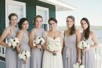 mix and match dove grey maxi bridesmaid dresses for a neutral or grey coastal wedding, these are a chic and cool option