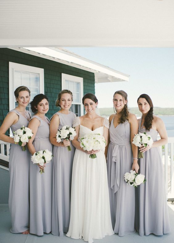 mix and match dove grey maxi bridesmaid dresses for a neutral or grey coastal wedding, these are a chic and cool option