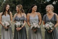 mix and match grey bridesmaid dresses, dove grey  and graphite grey ones, with ruffles and without, for spring or summer weddings