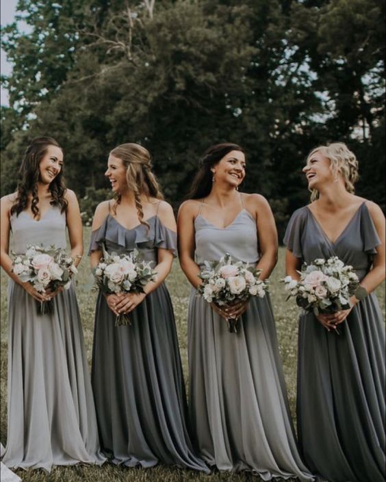 mix and match grey bridesmaid dresses, dove grey  and graphite grey ones, with ruffles and without, for spring or summer weddings