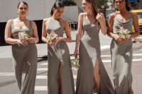 mix and match maxi grey bridesmaid dresses with various necklines look modern, elegant and chic, they are perfect for any wedding
