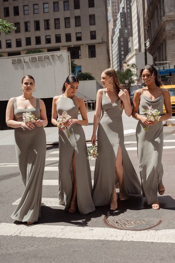 mix and match maxi grey bridesmaid dresses with various necklines look modern, elegant and chic, they are perfect for any wedding