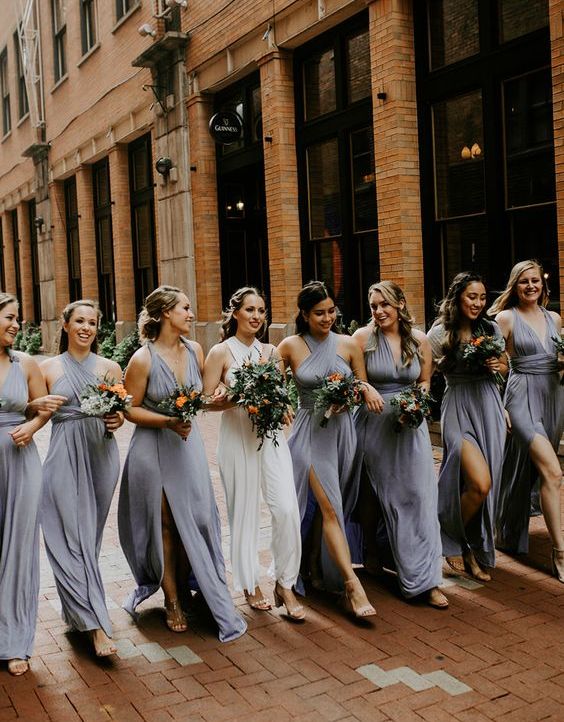 msimatching grey maxi bridesmaid dresses with side slits are great for a spring, summer or fall wedding