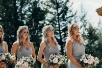 simple matching dove grey maxi bridesmaid dresses with spaghetti straps and V-necklines for a spring wedding