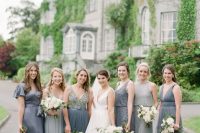 sophisticated and elegant mix and match grey bridesmaid maxi dresses, embellished and usual ones, with sleeves and without