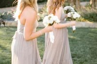 strapless geige maxi bridesmaid dresses with sashes are amazing for a delicate and refined spring or summer wedding