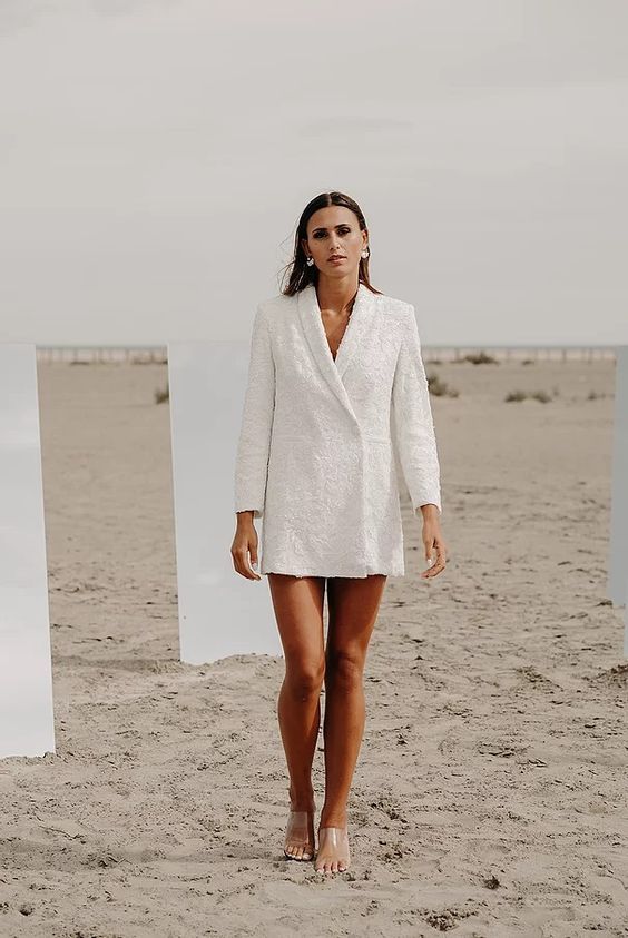 a patterned and textural blazer as a wedding dress or coverup - style it as you like making a statement with your legs or covering your wedding dress