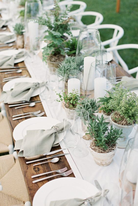 a cluster wedding centerpiece of potted greenery and succulents plus candles in large candle holders for a modern sustainable wedding