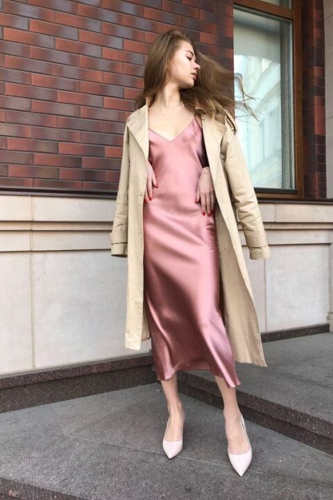 08 a pink slip midi dress, white shoes and a tan trenchcoat for a lovely and effortless chic look