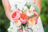 03 a bright nautical wedding bouquet of pink and peachy blooms, some small white roses and greenery is an amazing idea