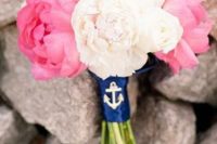 05 a simple and cute pink and white peony wedding bouquet with a navy anchor wrap is a gorgeous idea for a nautical wedding