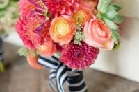 07 a colorful nautical wedding bouquet of pink, red, orange blooms, a succulent and a striped bouquet wrap is amazing