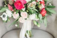 10 a modern nautical wedding bouquet of white anemones, blush and hot pink roses, thistles and greenery and white ribbons