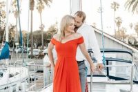 18 a modern wedding dress – an off the shoulder plain A-line one is amazing for a color statement at a nautical wedding