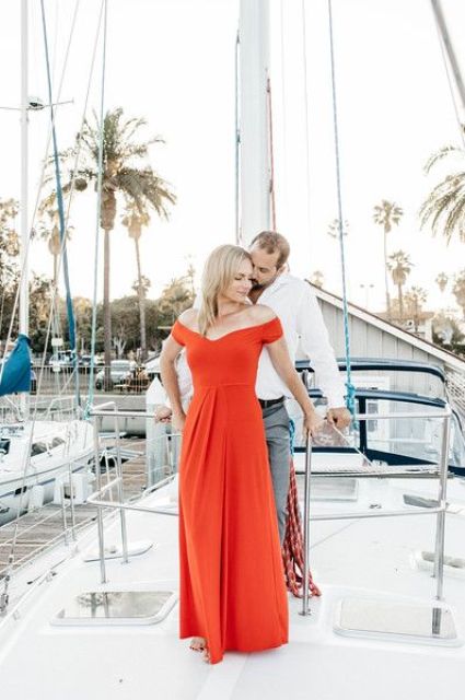a modern wedding dress - an off the shoulder plain A-line one is amazing for a color statement at a nautical wedding